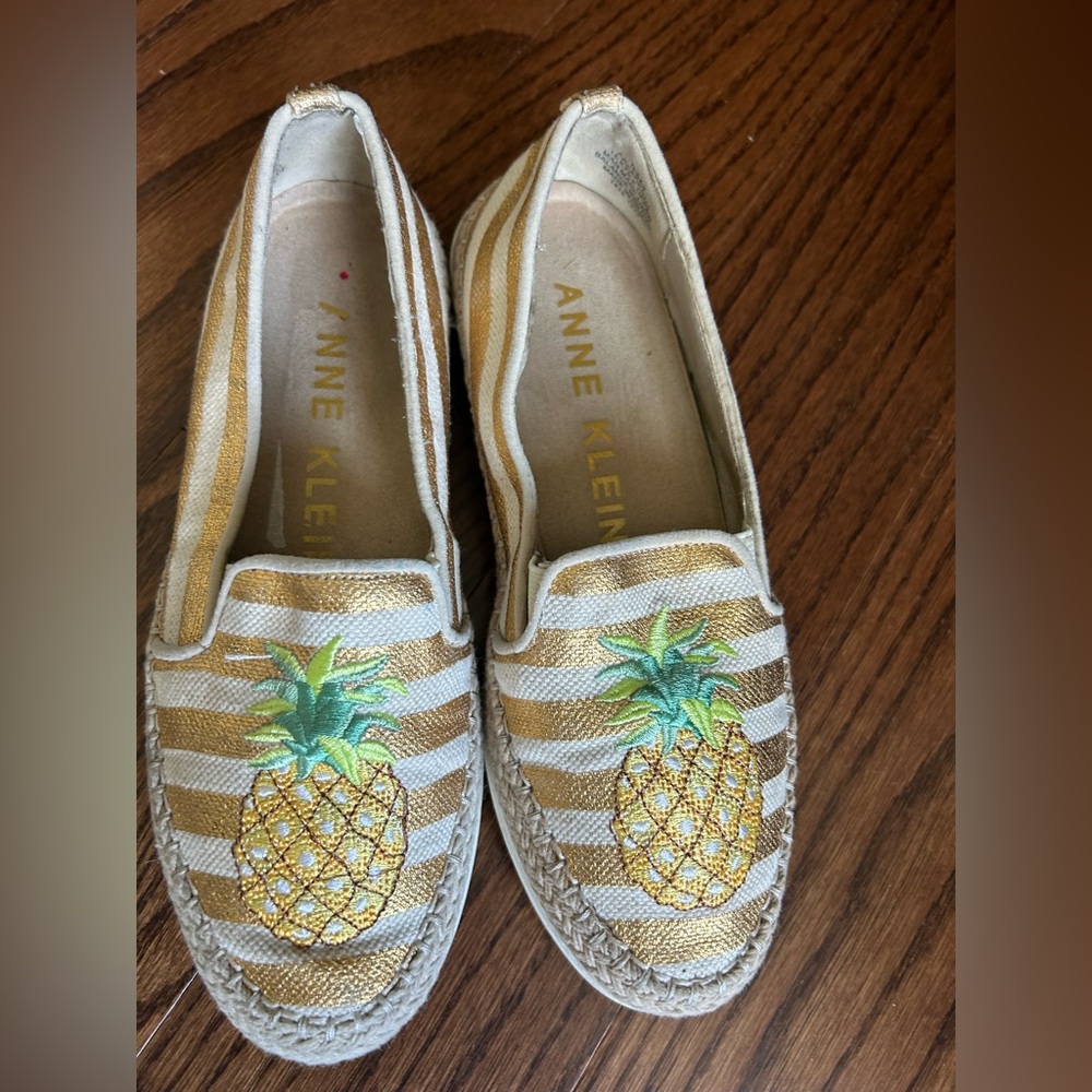 Anne Klein Gold and White Pineapple Espadrilles